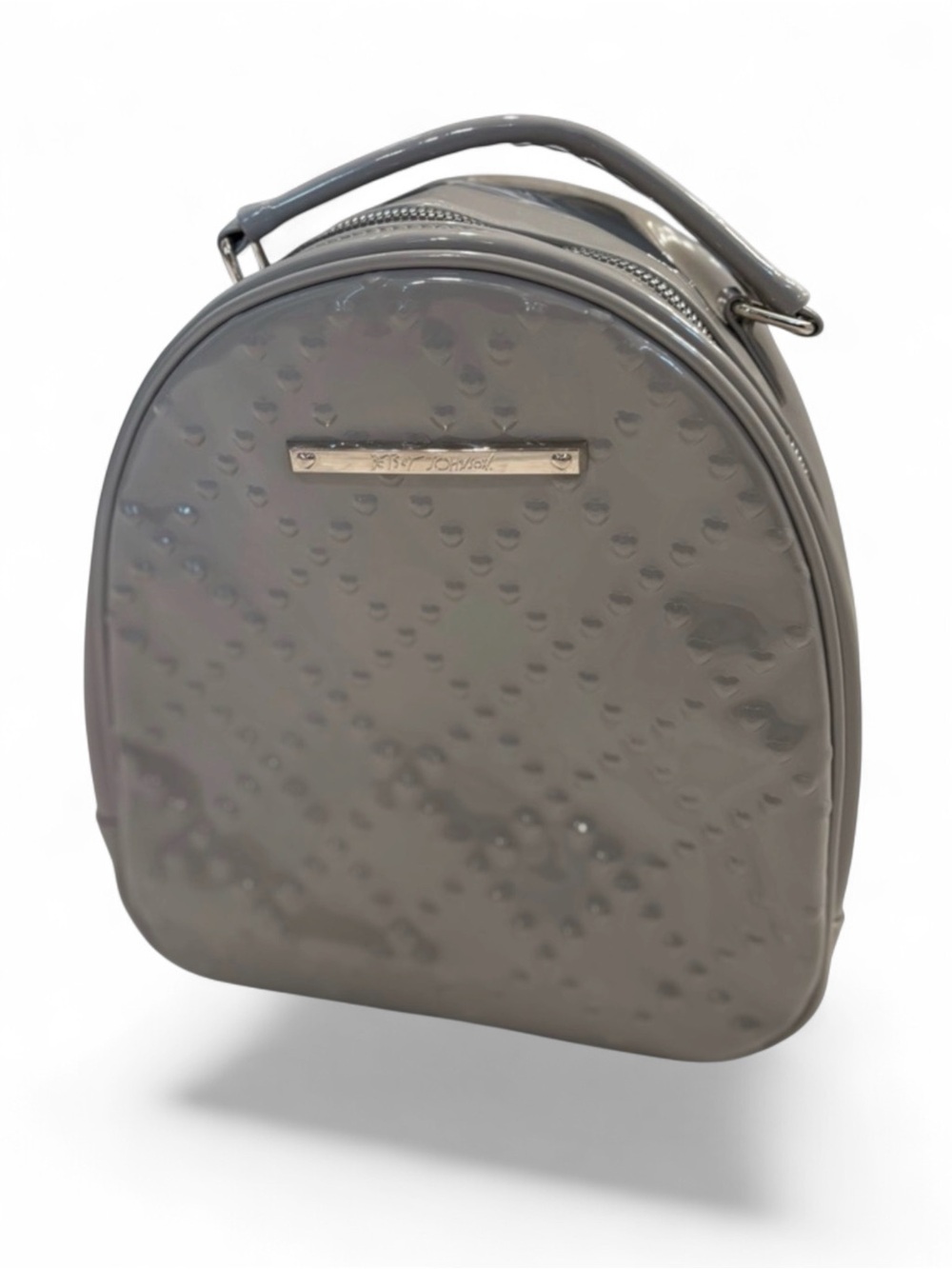 Betsey Johnson Light Gray Patent Heart-Embossed Top-Handle Mini backpack